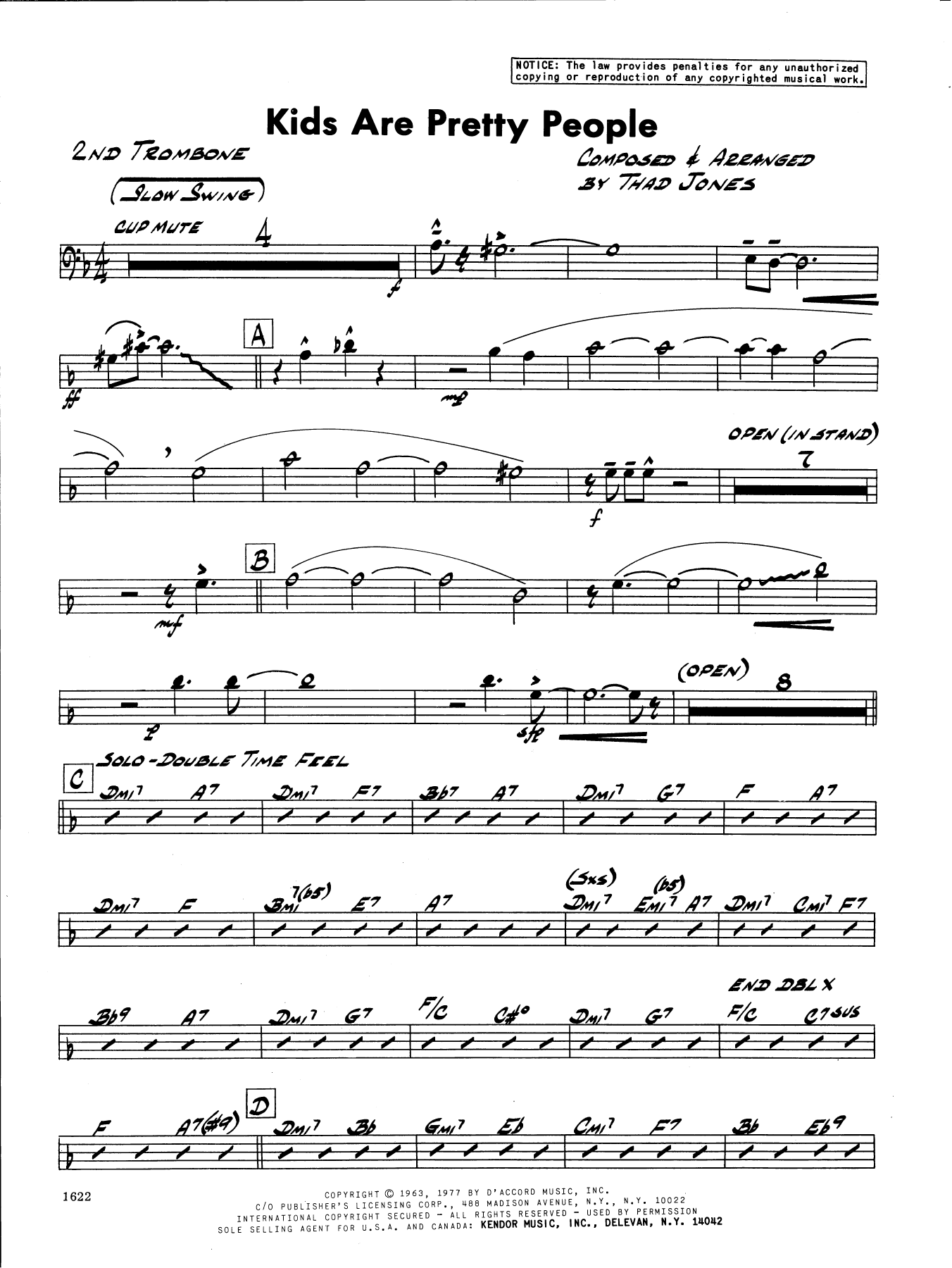 Learn to play Thad Jones Kids Are Pretty People - 2nd Trombone sheet music for Jazz Ensemble in minutes. Thad Jones Kids Are Pretty People - 2nd Trombone sheet music preview music notes and score for Jazz Ensemble including 2 page(s)
