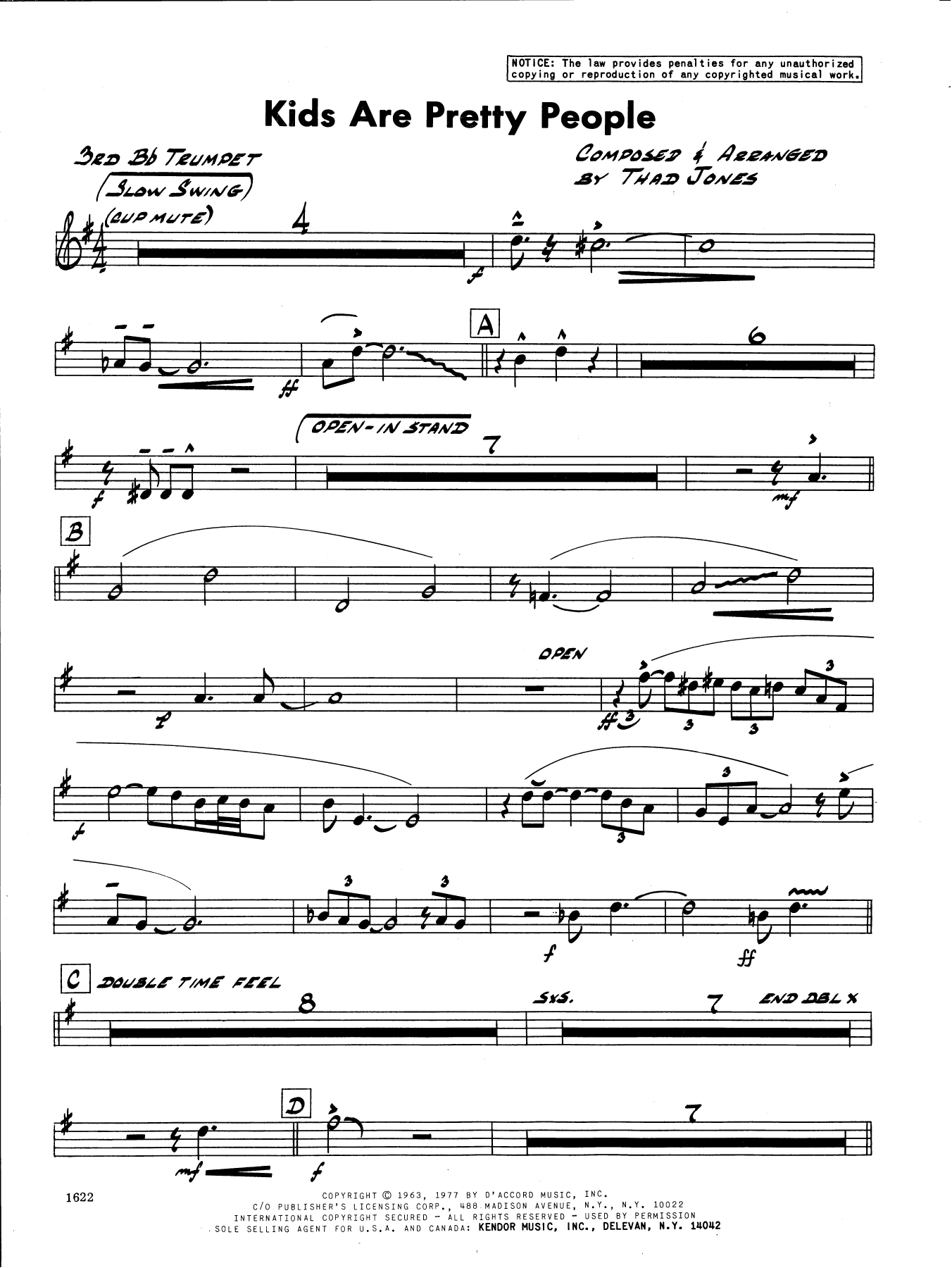 Learn to play Thad Jones Kids Are Pretty People - 3rd Bb Trumpet sheet music for Jazz Ensemble in minutes. Thad Jones Kids Are Pretty People - 3rd Bb Trumpet sheet music preview music notes and score for Jazz Ensemble including 2 page(s)
