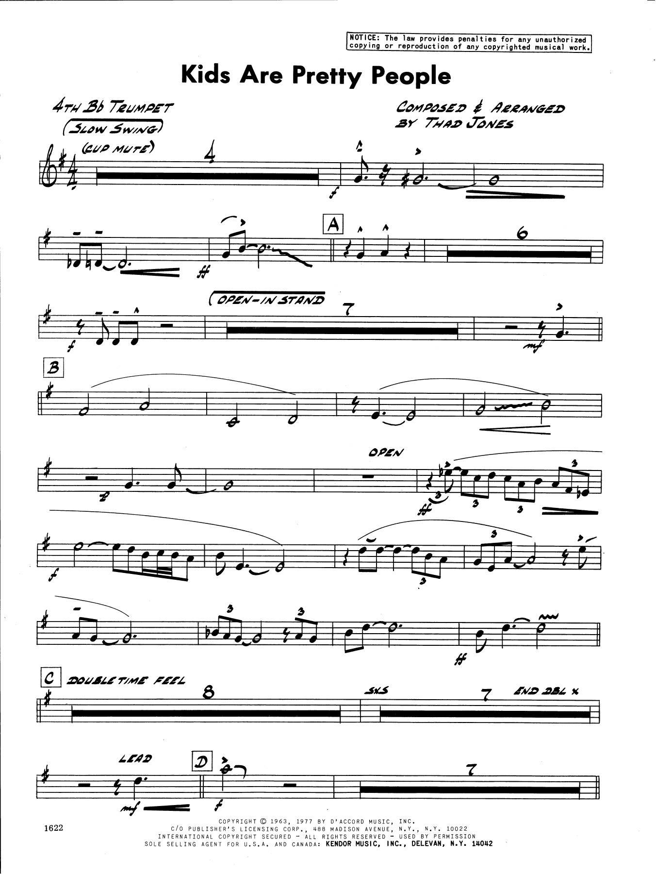 Learn to play Thad Jones Kids Are Pretty People - 4th Bb Trumpet sheet music for Jazz Ensemble in minutes. Thad Jones Kids Are Pretty People - 4th Bb Trumpet sheet music preview music notes and score for Jazz Ensemble including 2 page(s)