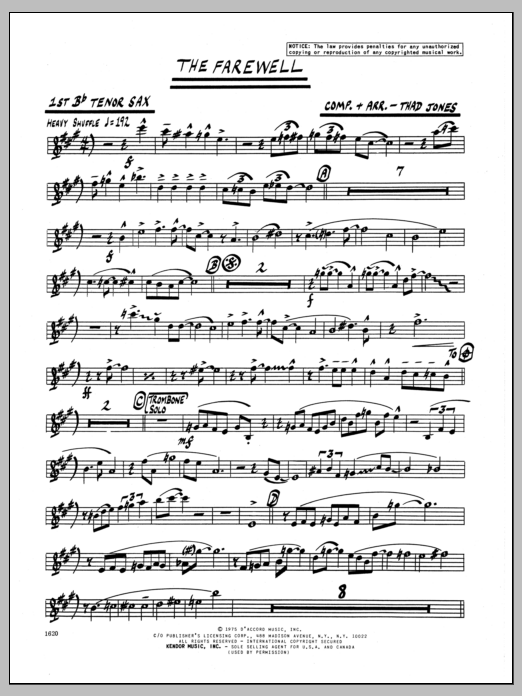 Learn to play Thad Jones The Farewell - 1st Bb Tenor Saxophone sheet music for Jazz Ensemble in minutes. Thad Jones The Farewell - 1st Bb Tenor Saxophone sheet music preview music notes and score for Jazz Ensemble including 2 page(s)