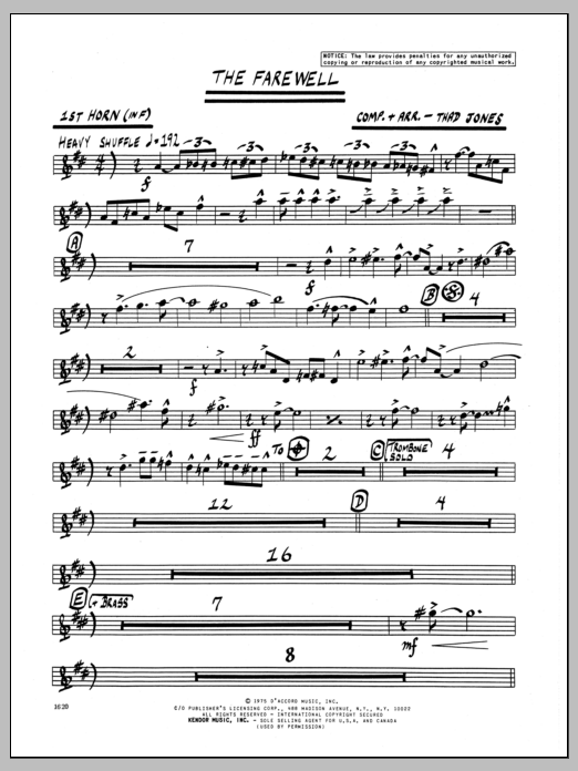 Learn to play Thad Jones The Farewell - 1st Horn in F sheet music for Jazz Ensemble in minutes. Thad Jones The Farewell - 1st Horn in F sheet music preview music notes and score for Jazz Ensemble including 2 page(s)