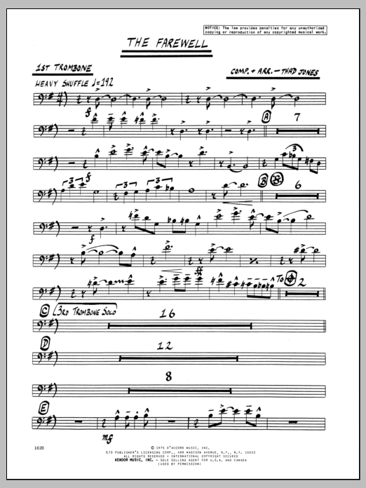 Learn to play Thad Jones The Farewell - 1st Trombone sheet music for Jazz Ensemble in minutes. Thad Jones The Farewell - 1st Trombone sheet music preview music notes and score for Jazz Ensemble including 2 page(s)