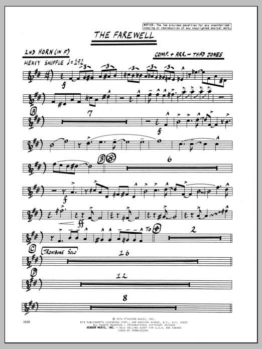 Learn to play Thad Jones The Farewell - 2nd Horn in F sheet music for Jazz Ensemble in minutes. Thad Jones The Farewell - 2nd Horn in F sheet music preview music notes and score for Jazz Ensemble including 2 page(s)