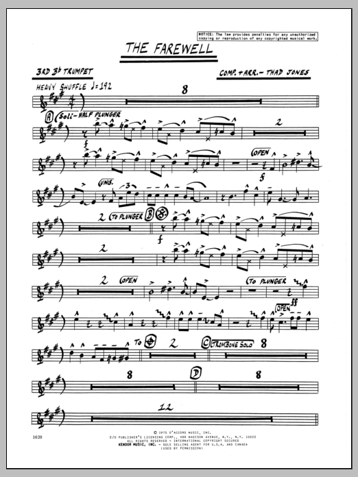 Learn to play Thad Jones The Farewell - 3rd Bb Trumpet sheet music for Jazz Ensemble in minutes. Thad Jones The Farewell - 3rd Bb Trumpet sheet music preview music notes and score for Jazz Ensemble including 2 page(s)