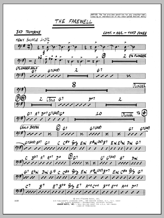 Learn to play Thad Jones The Farewell - 3rd Trombone sheet music for Jazz Ensemble in minutes. Thad Jones The Farewell - 3rd Trombone sheet music preview music notes and score for Jazz Ensemble including 2 page(s)