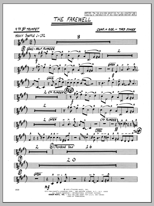 Learn to play Thad Jones The Farewell - 4th Bb Trumpet sheet music for Jazz Ensemble in minutes. Thad Jones The Farewell - 4th Bb Trumpet sheet music preview music notes and score for Jazz Ensemble including 2 page(s)