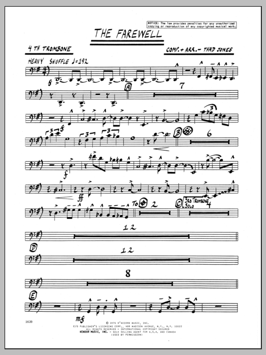 Learn to play Thad Jones The Farewell - 4th Trombone sheet music for Jazz Ensemble in minutes. Thad Jones The Farewell - 4th Trombone sheet music preview music notes and score for Jazz Ensemble including 2 page(s)