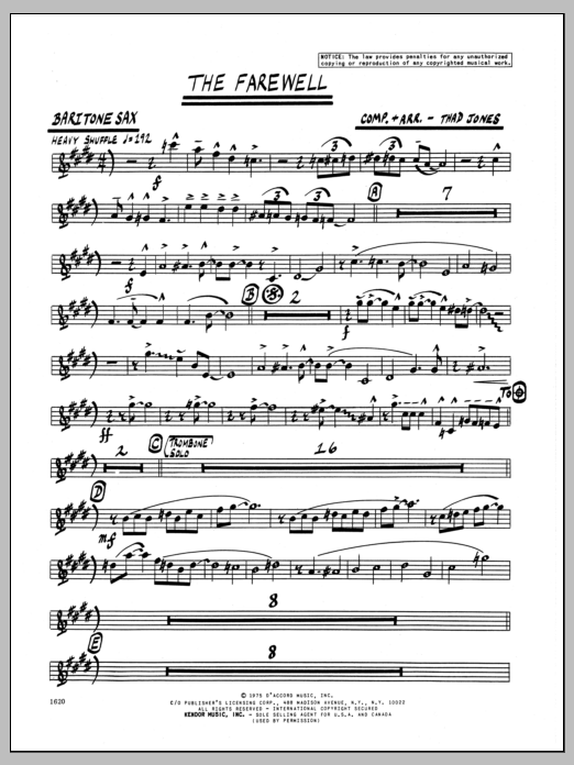 Learn to play Thad Jones The Farewell - Baritone Sax sheet music for Jazz Ensemble in minutes. Thad Jones The Farewell - Baritone Sax sheet music preview music notes and score for Jazz Ensemble including 2 page(s)