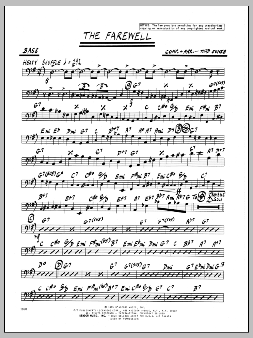 Learn to play Thad Jones The Farewell - Bass sheet music for Jazz Ensemble in minutes. Thad Jones The Farewell - Bass sheet music preview music notes and score for Jazz Ensemble including 2 page(s)