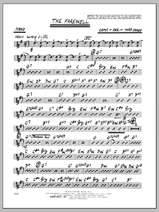Learn to play Thad Jones The Farewell - Piano sheet music for Jazz Ensemble in minutes. Thad Jones The Farewell - Piano sheet music preview music notes and score for Jazz Ensemble including 2 page(s)