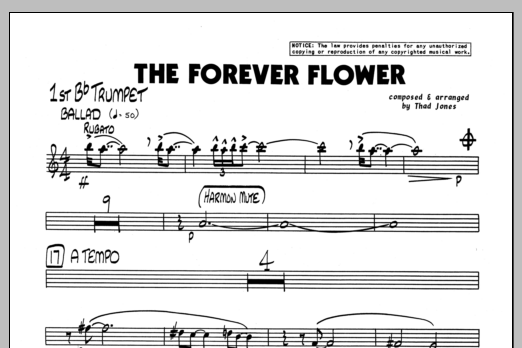 Learn to play Thad Jones The Forever Flower - 1st Bb Trumpet sheet music for Jazz Ensemble in minutes. Thad Jones The Forever Flower - 1st Bb Trumpet sheet music preview music notes and score for Jazz Ensemble including 1 page(s)