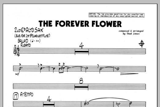 Learn to play Thad Jones The Forever Flower - 2nd Eb Alto Saxophone sheet music for Jazz Ensemble in minutes. Thad Jones The Forever Flower - 2nd Eb Alto Saxophone sheet music preview music notes and score for Jazz Ensemble including 1 page(s)