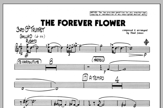 Learn to play Thad Jones The Forever Flower - 3rd Bb Trumpet sheet music for Jazz Ensemble in minutes. Thad Jones The Forever Flower - 3rd Bb Trumpet sheet music preview music notes and score for Jazz Ensemble including 1 page(s)