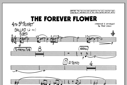 Learn to play Thad Jones The Forever Flower - 4th Bb Trumpet sheet music for Jazz Ensemble in minutes. Thad Jones The Forever Flower - 4th Bb Trumpet sheet music preview music notes and score for Jazz Ensemble including 1 page(s)