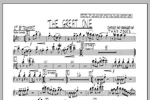 Learn to play Thad Jones The Great One - 1st Bb Trumpet sheet music for Jazz Ensemble in minutes. Thad Jones The Great One - 1st Bb Trumpet sheet music preview music notes and score for Jazz Ensemble including 1 page(s)
