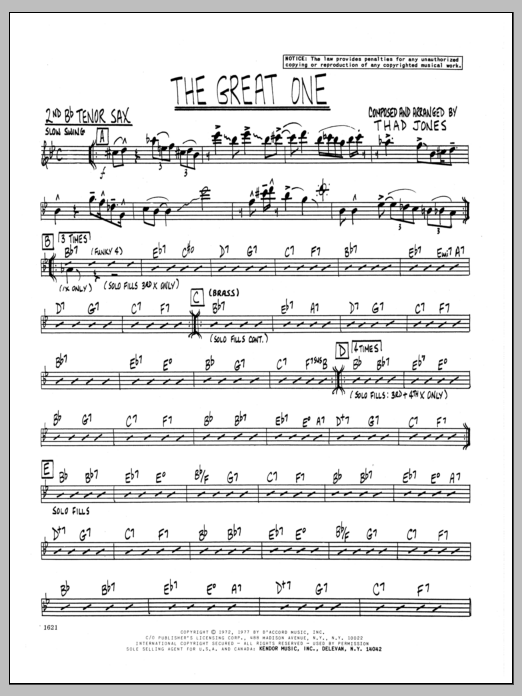Learn to play Thad Jones The Great One - 2nd Bb Tenor Saxophone sheet music for Jazz Ensemble in minutes. Thad Jones The Great One - 2nd Bb Tenor Saxophone sheet music preview music notes and score for Jazz Ensemble including 2 page(s)