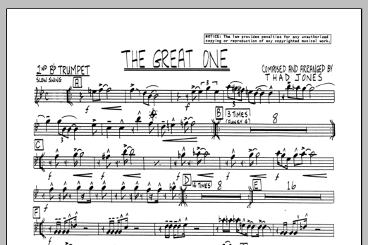 Learn to play Thad Jones The Great One - 2nd Bb Trumpet sheet music for Jazz Ensemble in minutes. Thad Jones The Great One - 2nd Bb Trumpet sheet music preview music notes and score for Jazz Ensemble including 1 page(s)