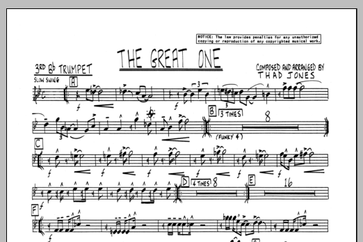 Learn to play Thad Jones The Great One - 3rd Bb Trumpet sheet music for Jazz Ensemble in minutes. Thad Jones The Great One - 3rd Bb Trumpet sheet music preview music notes and score for Jazz Ensemble including 1 page(s)