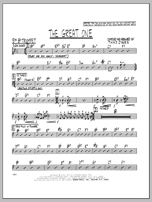 Learn to play Thad Jones The Great One - 5th Bb Trumpet sheet music for Jazz Ensemble in minutes. Thad Jones The Great One - 5th Bb Trumpet sheet music preview music notes and score for Jazz Ensemble including 2 page(s)