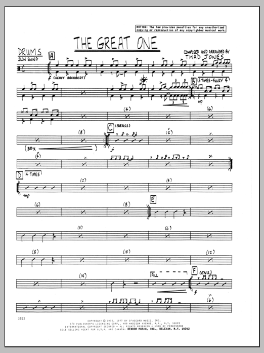 Learn to play Thad Jones The Great One - Drums sheet music for Jazz Ensemble in minutes. Thad Jones The Great One - Drums sheet music preview music notes and score for Jazz Ensemble including 2 page(s)