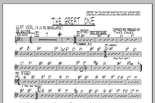 Learn to play Thad Jones The Great One - Vocal sheet music for Jazz Ensemble in minutes. Thad Jones The Great One - Vocal sheet music preview music notes and score for Jazz Ensemble including 1 page(s)