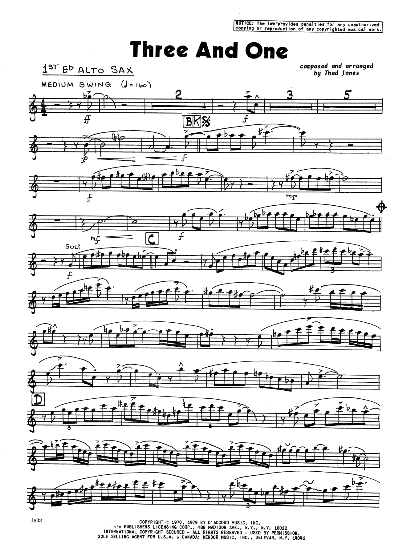 Learn to play Thad Jones Three And One - 1st Eb Alto Saxophone sheet music for Jazz Ensemble in minutes. Thad Jones Three And One - 1st Eb Alto Saxophone sheet music preview music notes and score for Jazz Ensemble including 2 page(s)