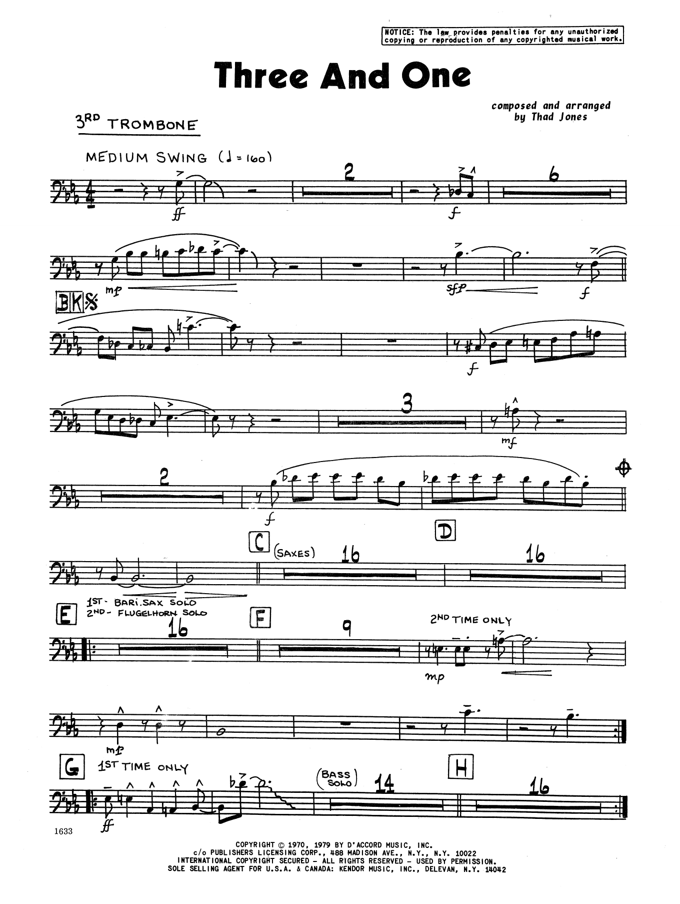 Thad Jones Three And One - 3rd Trombone sheet music preview music notes and score for Jazz Ensemble including 2 page(s)
