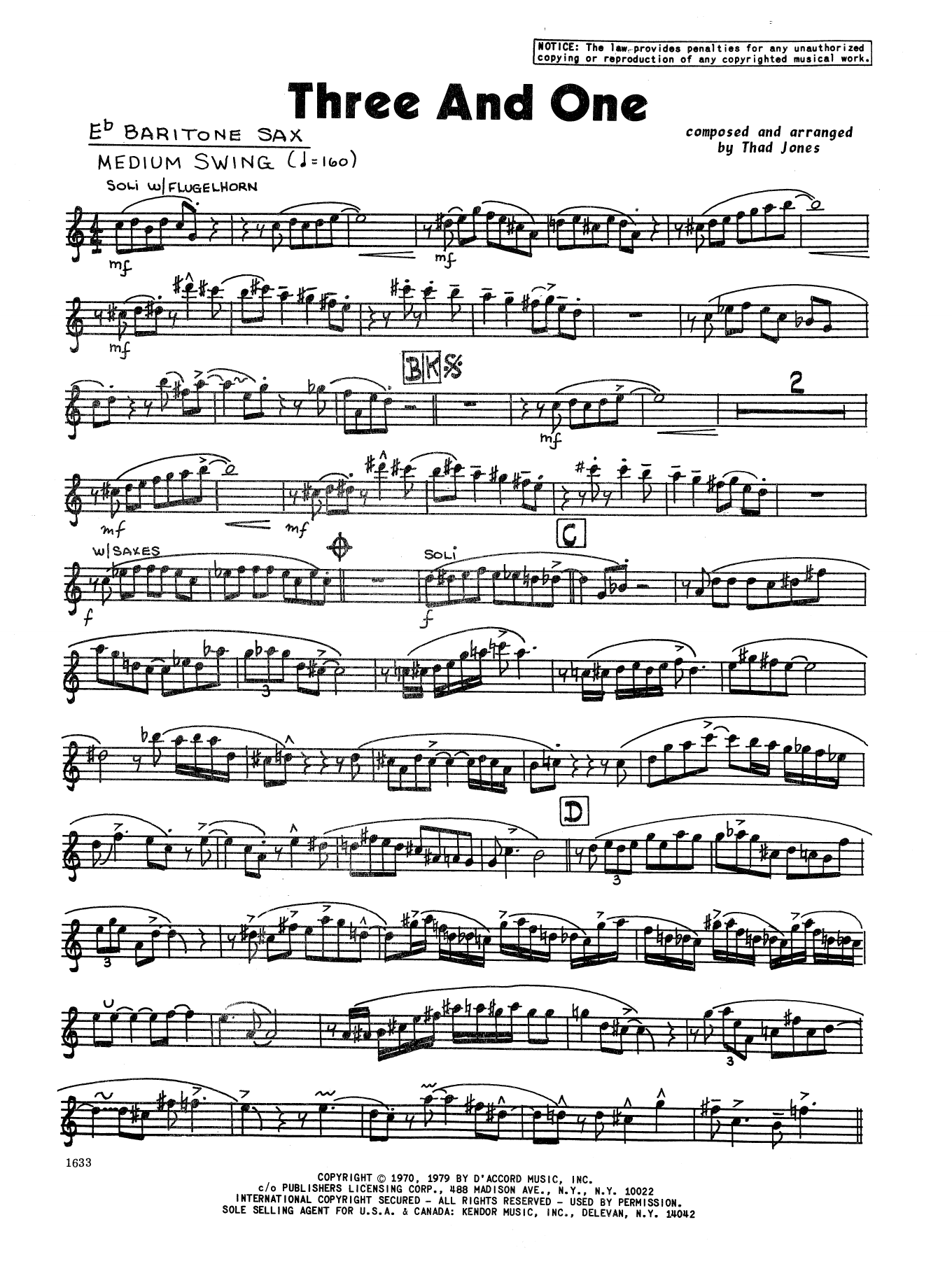 Learn to play Thad Jones Three And One - Eb Baritone Saxophone sheet music for Jazz Ensemble in minutes. Thad Jones Three And One - Eb Baritone Saxophone sheet music preview music notes and score for Jazz Ensemble including 2 page(s)