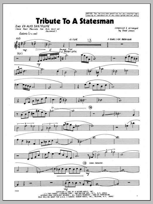 Learn to play Thad Jones Tribute To A Statesman - 2nd Eb Alto Saxophone sheet music for Jazz Ensemble in minutes. Thad Jones Tribute To A Statesman - 2nd Eb Alto Saxophone sheet music preview music notes and score for Jazz Ensemble including 2 page(s)