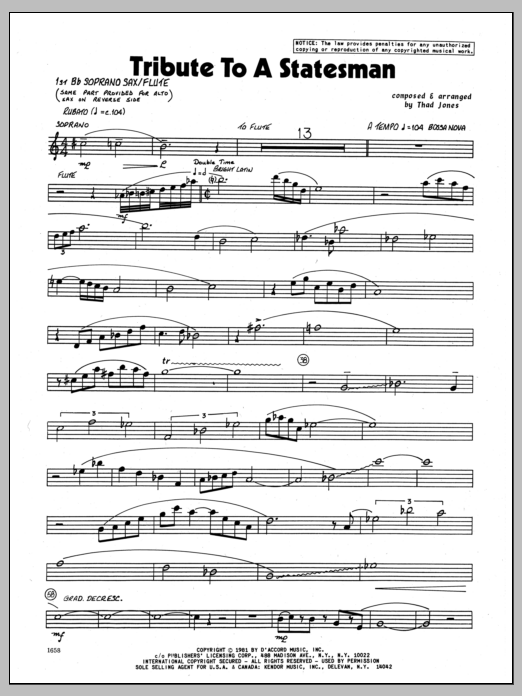 Learn to play Thad Jones Tribute To A Statesman - Bb Soprano Sax sheet music for Jazz Ensemble in minutes. Thad Jones Tribute To A Statesman - Bb Soprano Sax sheet music preview music notes and score for Jazz Ensemble including 2 page(s)