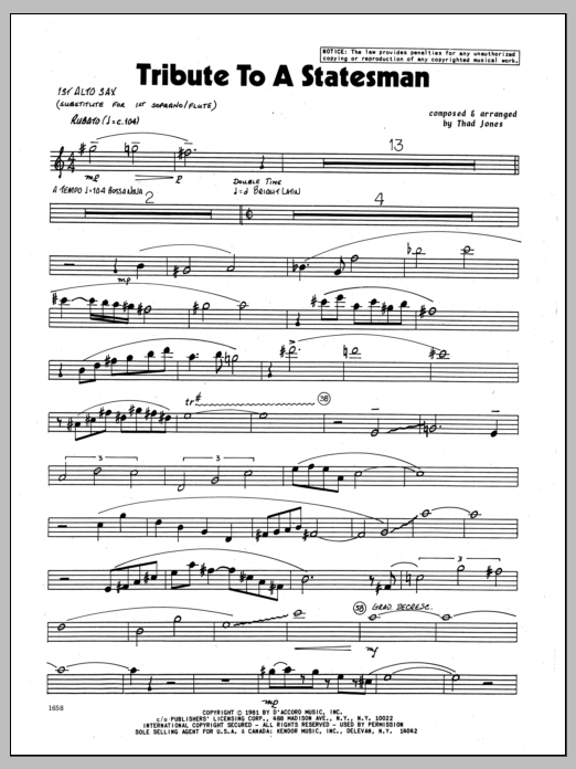 Learn to play Thad Jones Tribute To A Statesman - Eb Alto Sax sheet music for Jazz Ensemble in minutes. Thad Jones Tribute To A Statesman - Eb Alto Sax sheet music preview music notes and score for Jazz Ensemble including 2 page(s)