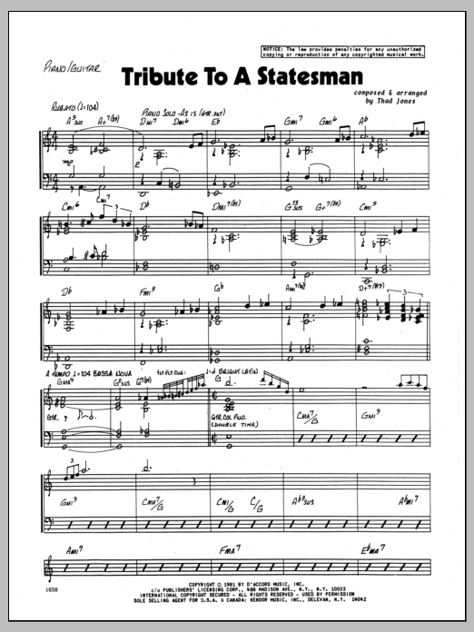 Learn to play Thad Jones Tribute To A Statesman - Piano sheet music for Jazz Ensemble in minutes. Thad Jones Tribute To A Statesman - Piano sheet music preview music notes and score for Jazz Ensemble including 3 page(s)