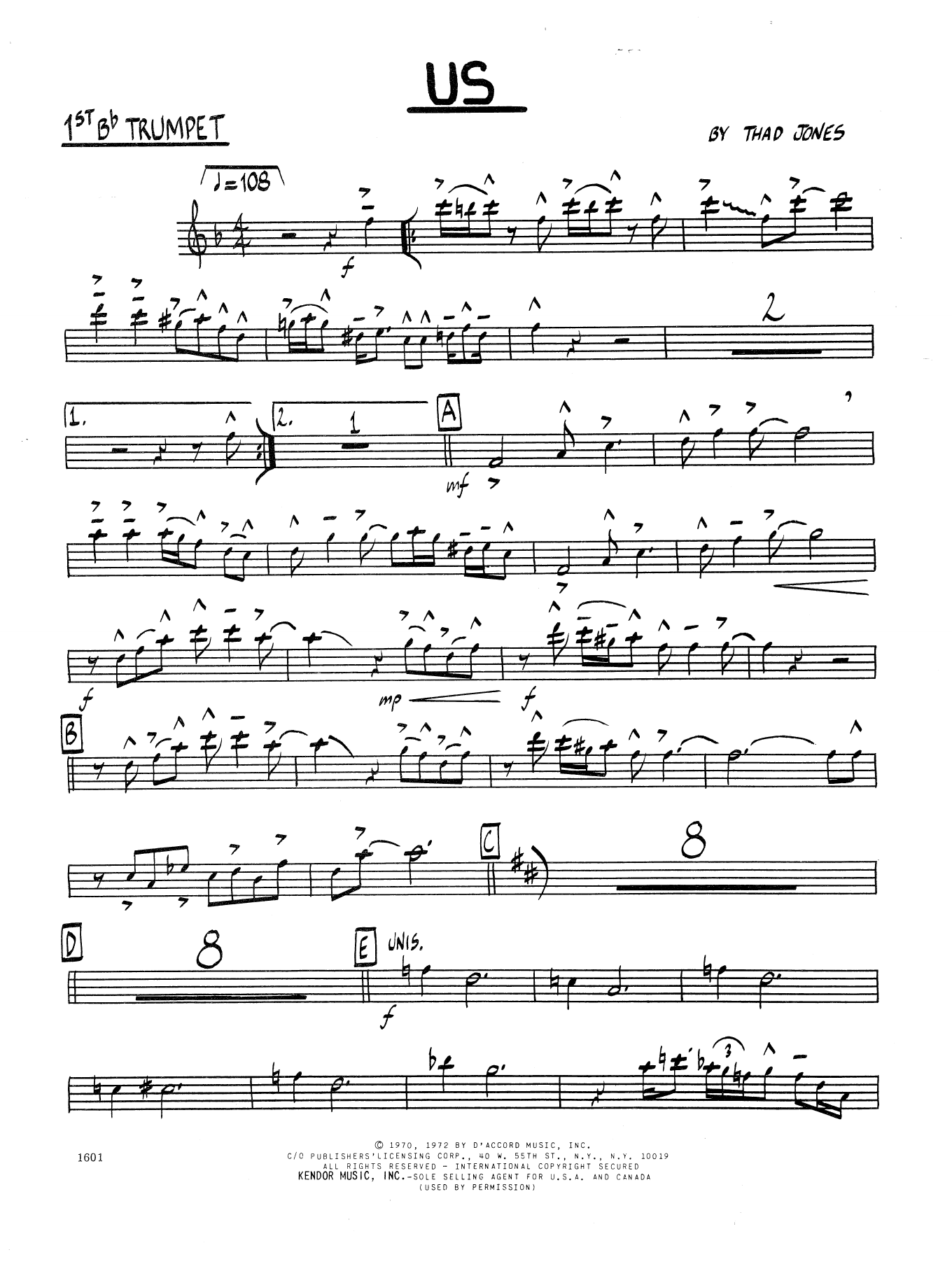 Learn to play Thad Jones Us - 1st Bb Trumpet sheet music for Jazz Ensemble in minutes. Thad Jones Us - 1st Bb Trumpet sheet music preview music notes and score for Jazz Ensemble including 2 page(s)