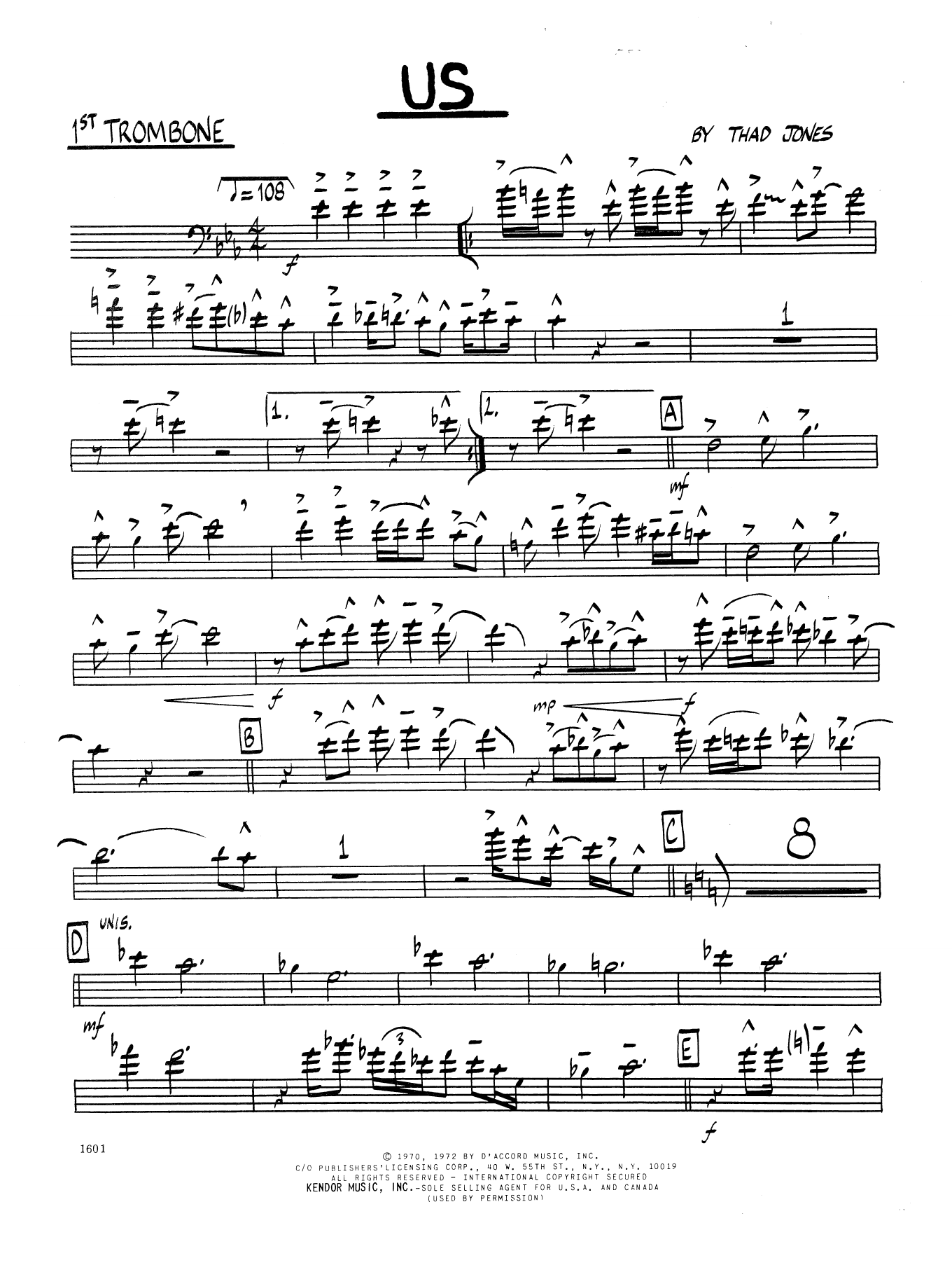 Learn to play Thad Jones Us - 1st Trombone sheet music for Jazz Ensemble in minutes. Thad Jones Us - 1st Trombone sheet music preview music notes and score for Jazz Ensemble including 2 page(s)