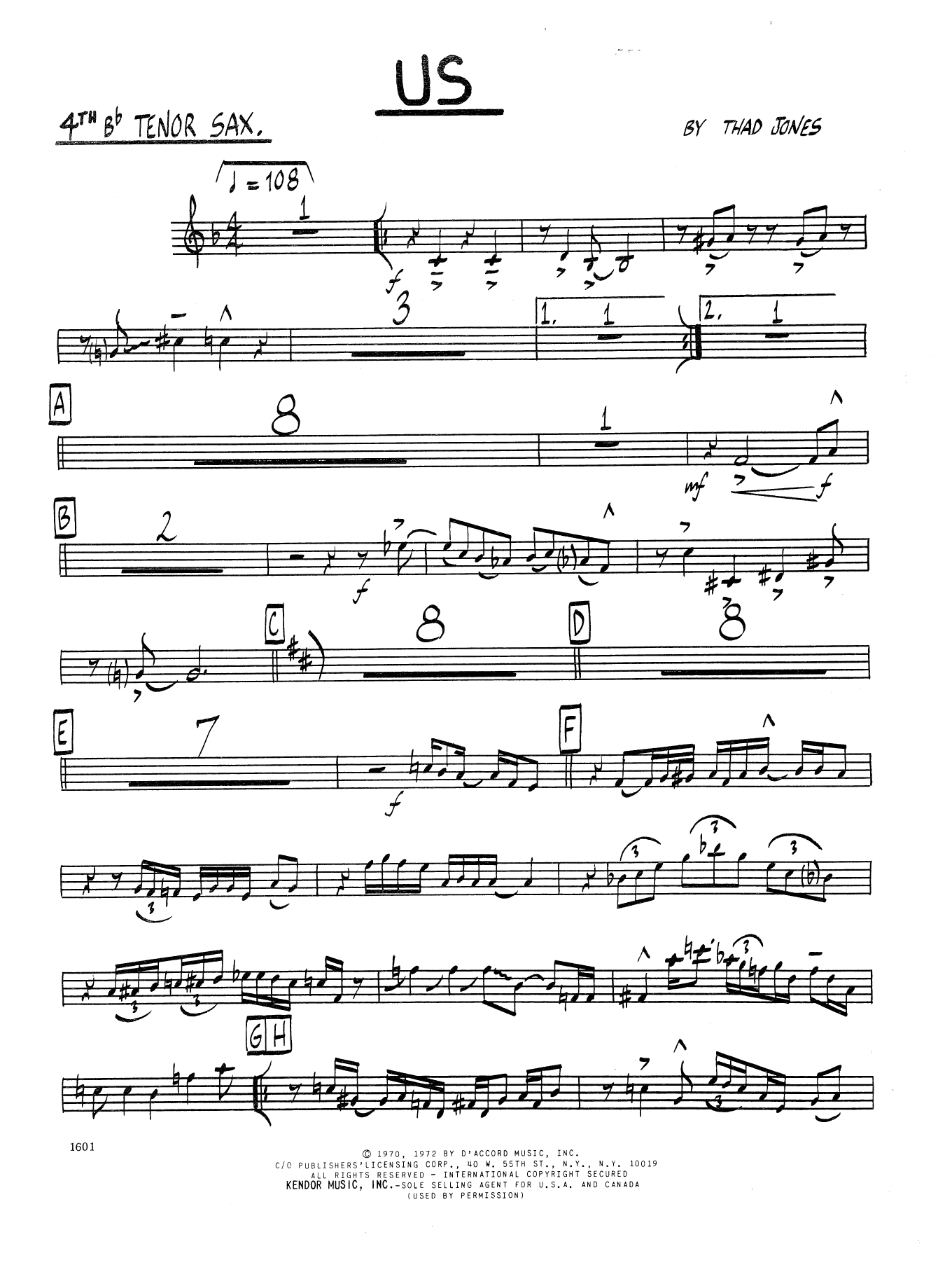 Learn to play Thad Jones Us - 2nd Bb Tenor Saxophone sheet music for Jazz Ensemble in minutes. Thad Jones Us - 2nd Bb Tenor Saxophone sheet music preview music notes and score for Jazz Ensemble including 2 page(s)
