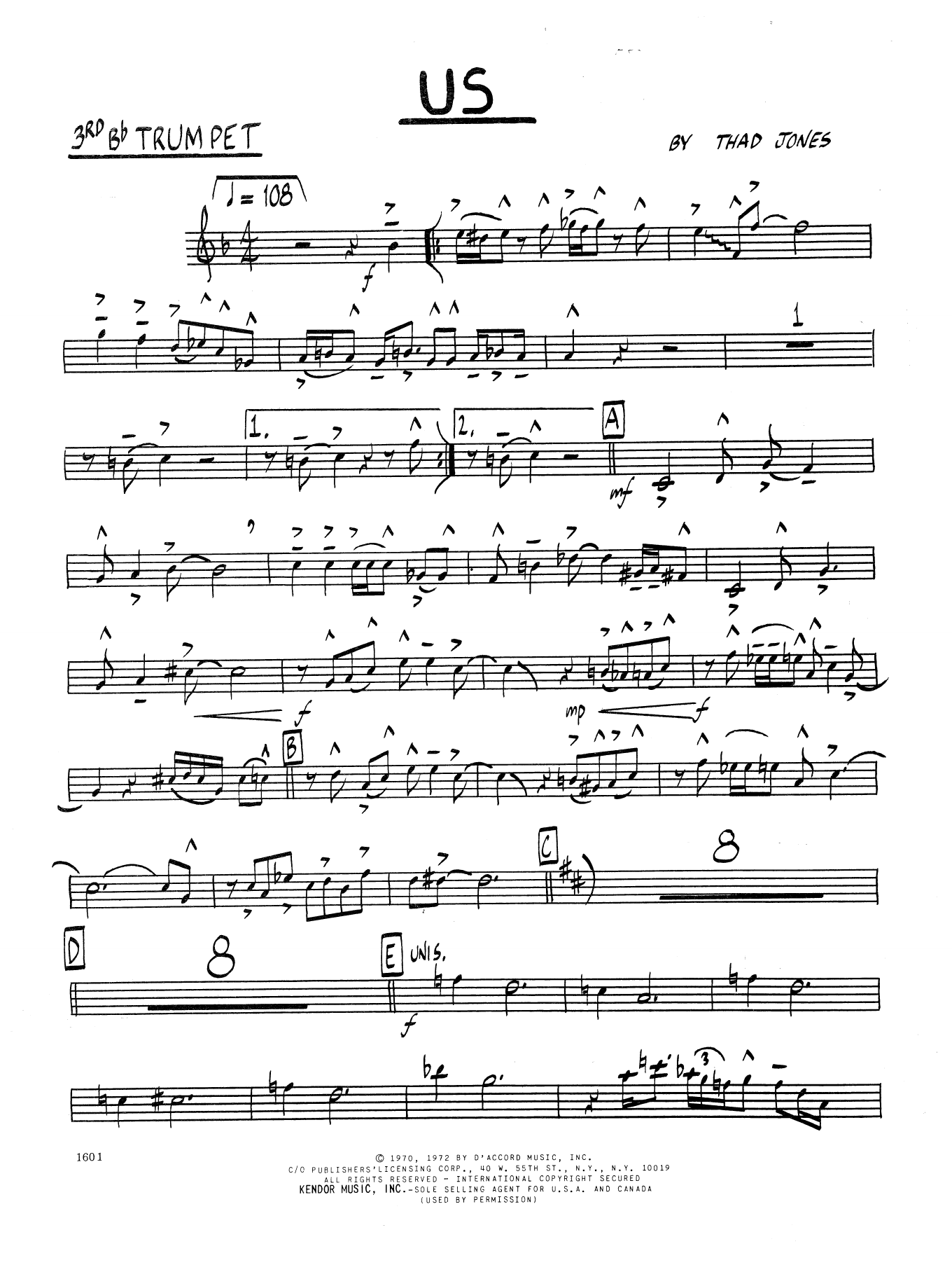 Learn to play Thad Jones Us - 3rd Bb Trumpet sheet music for Jazz Ensemble in minutes. Thad Jones Us - 3rd Bb Trumpet sheet music preview music notes and score for Jazz Ensemble including 2 page(s)