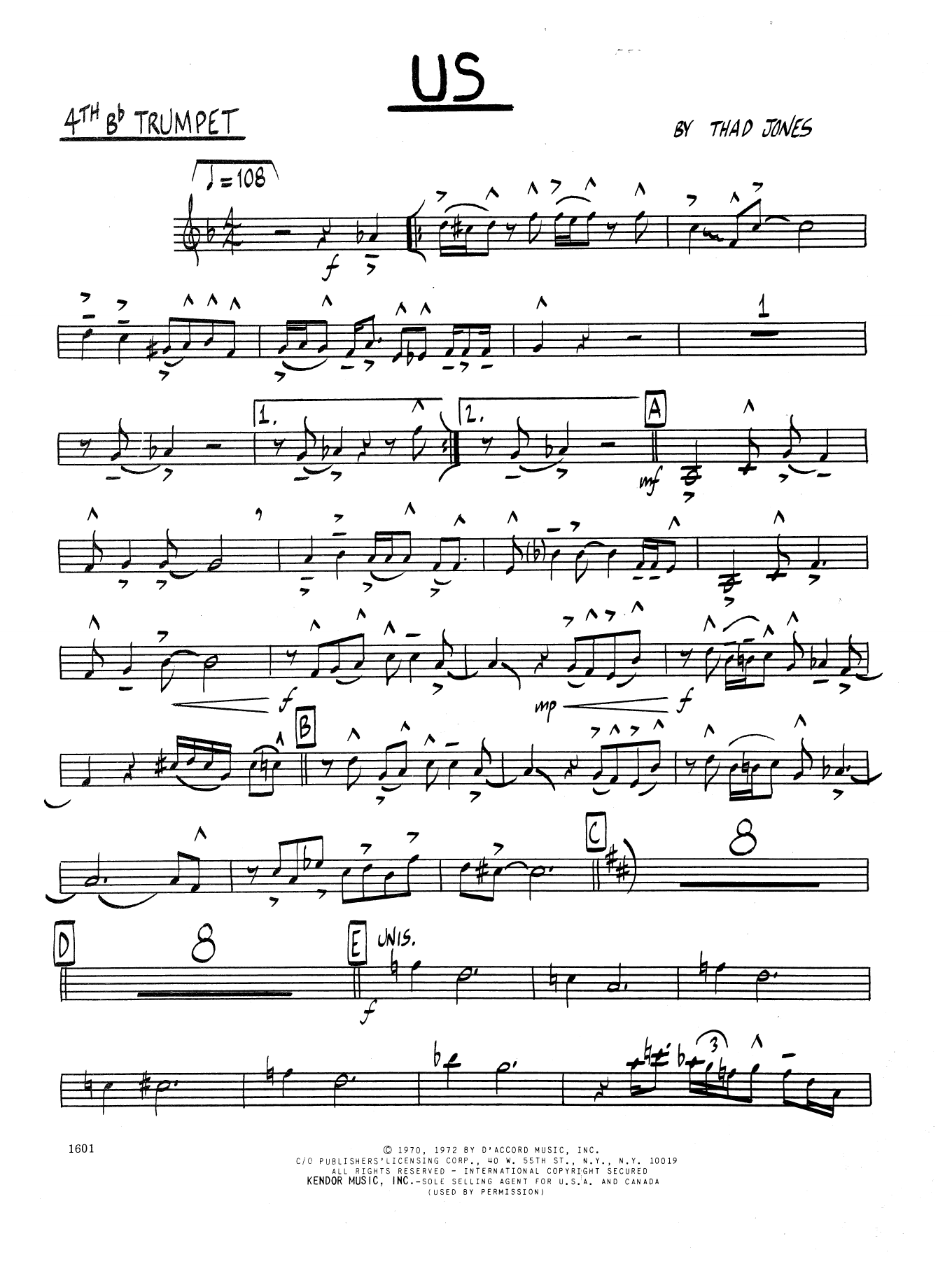 Learn to play Thad Jones Us - 4th Bb Trumpet sheet music for Jazz Ensemble in minutes. Thad Jones Us - 4th Bb Trumpet sheet music preview music notes and score for Jazz Ensemble including 2 page(s)