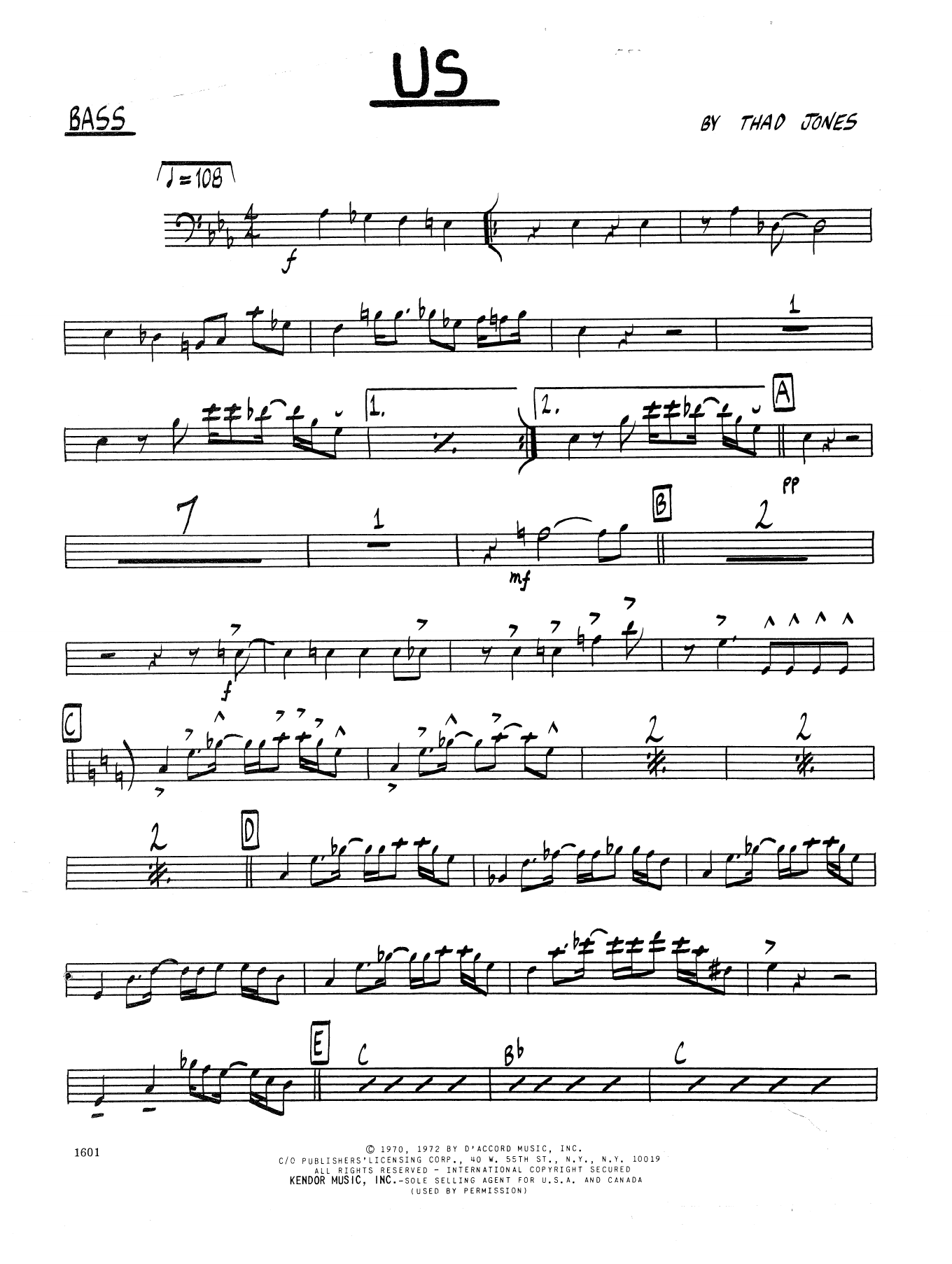 Learn to play Thad Jones Us - Bass sheet music for Jazz Ensemble in minutes. Thad Jones Us - Bass sheet music preview music notes and score for Jazz Ensemble including 2 page(s)