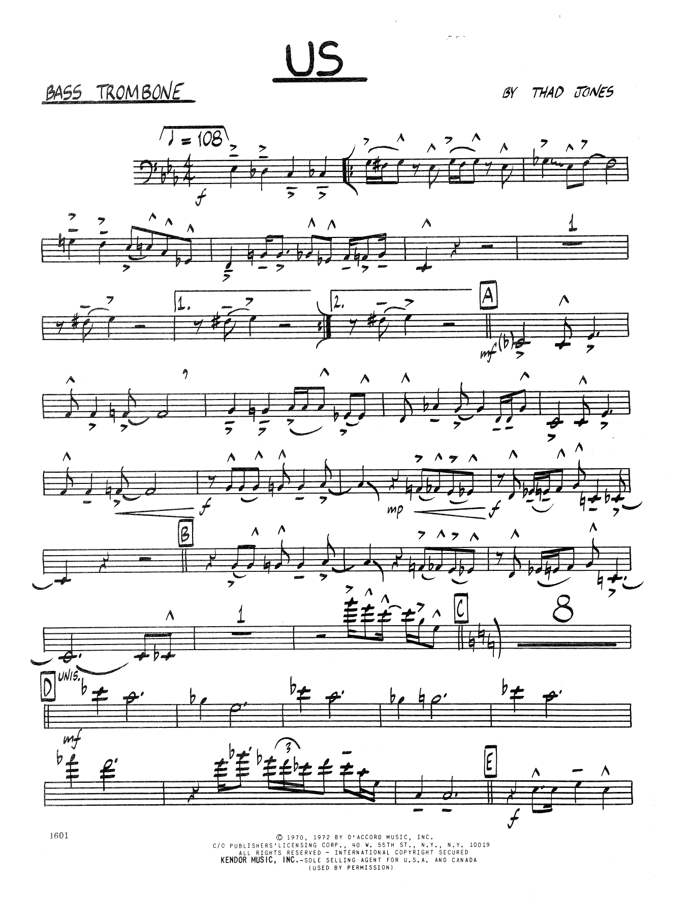 Learn to play Thad Jones Us - Bass Trombone sheet music for Jazz Ensemble in minutes. Thad Jones Us - Bass Trombone sheet music preview music notes and score for Jazz Ensemble including 2 page(s)
