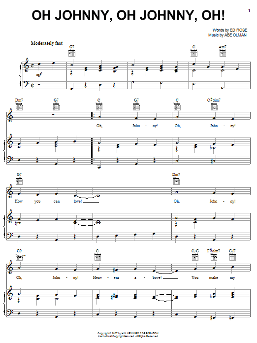 The Andrews Sisters Oh Johnny, Oh Johnny, Oh! sheet music, chords, lyrics - Printable PDF for Piano, Vocal & Guitar (Right-Hand Melody)