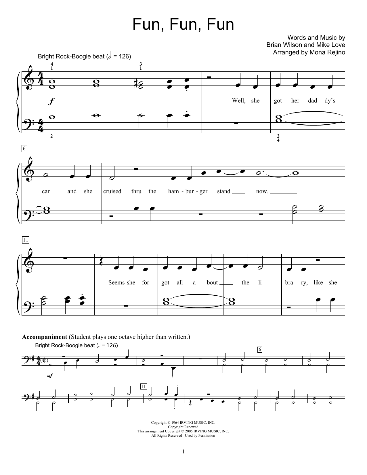 The Beach Boys Fun, Fun, Fun sheet music, chords, lyrics - Printable PDF for Easy Piano