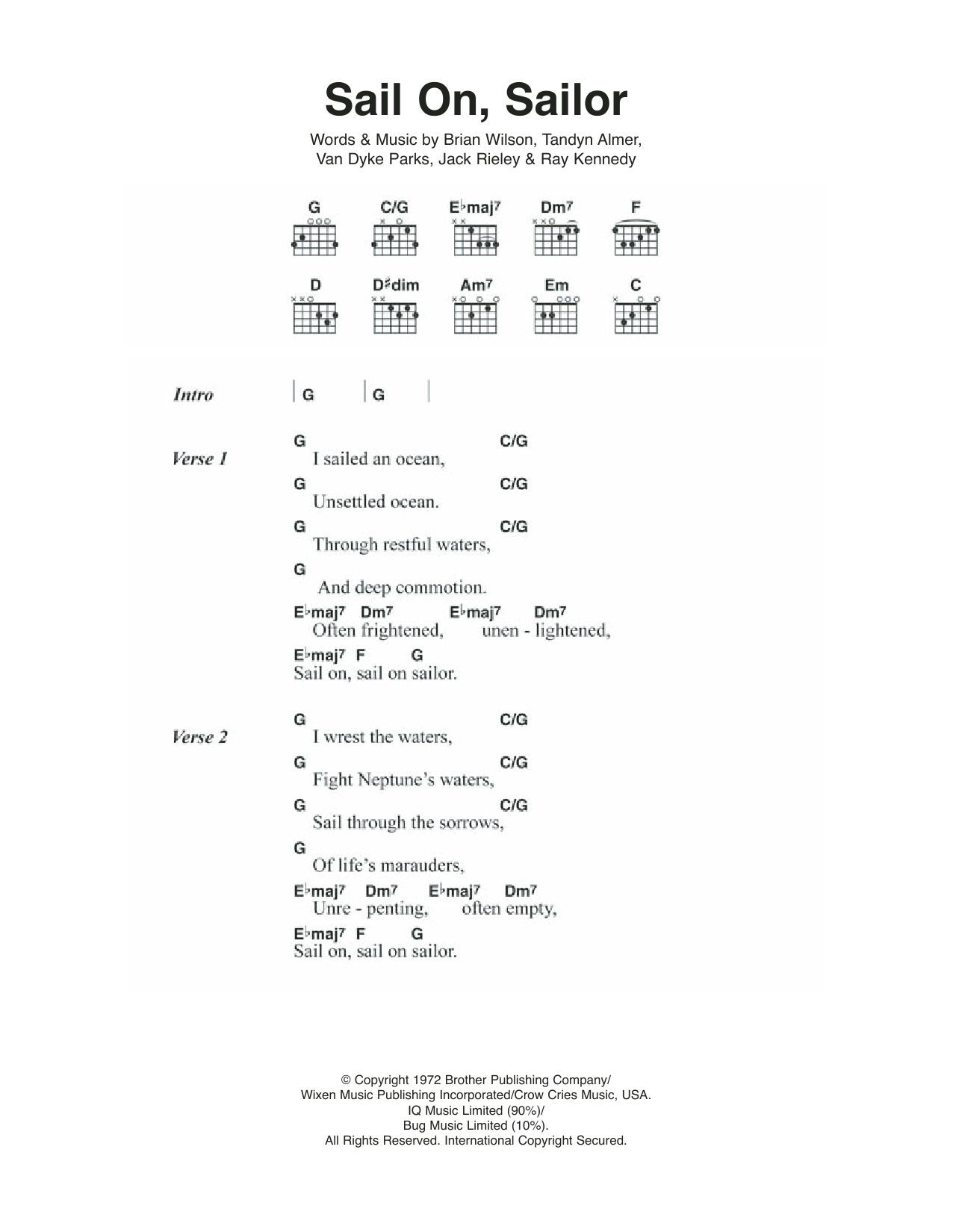 The Beach Boys Sail On, Sailor sheet music, chords, lyrics - Printable PDF for Lyrics & Chords