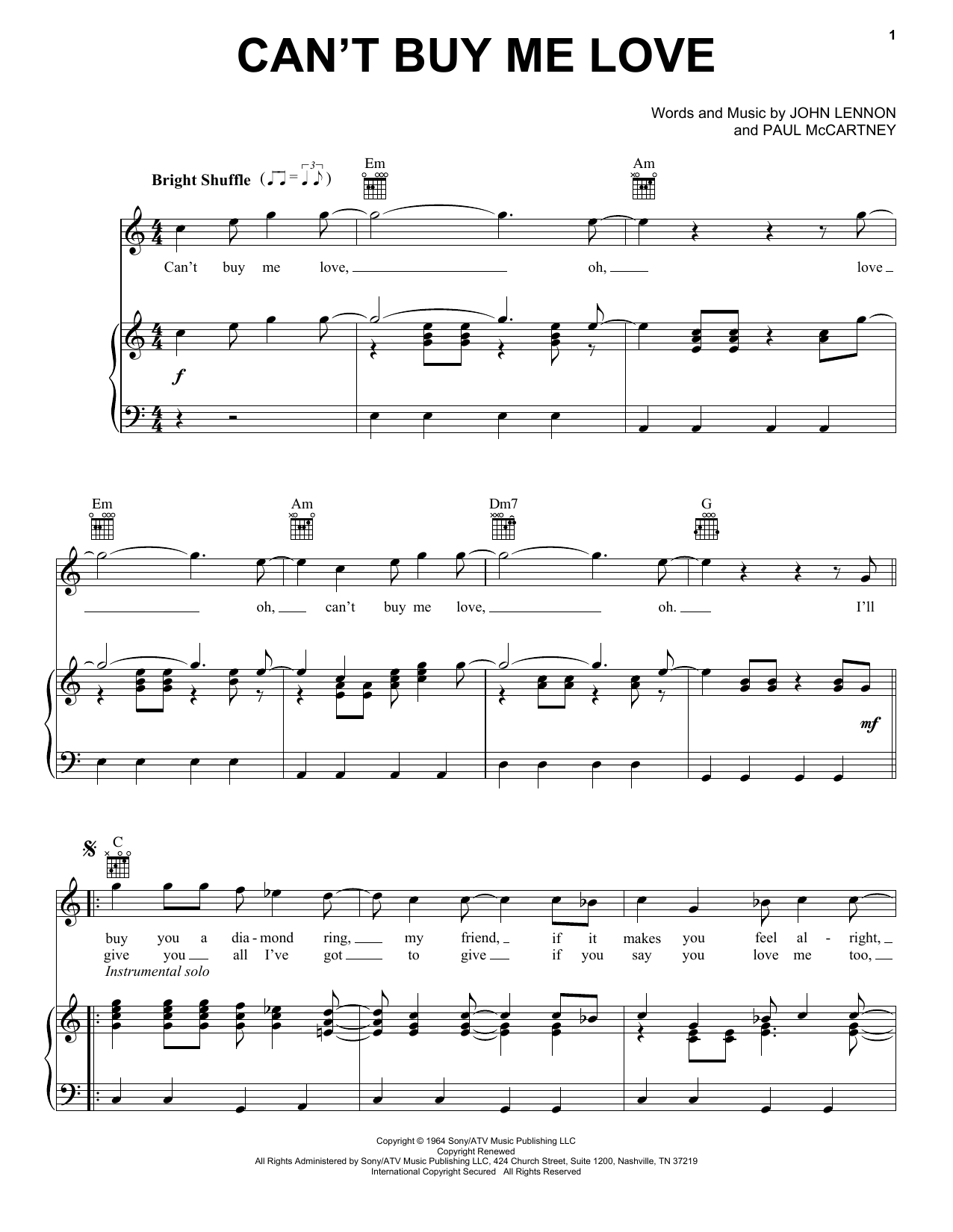 Download The Beatles Can't Buy Me Love sheet music notes and chords for Piano, Vocal & Guitar (Right-Hand Melody) - Download Printable PDF and start playing in minutes.