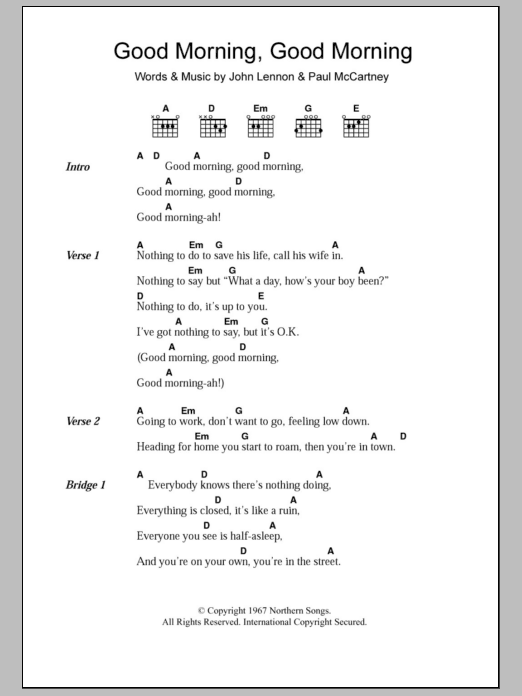 The Beatles Good Morning Good Morning sheet music, chords, lyrics - Printable PDF for Lyrics & Chords