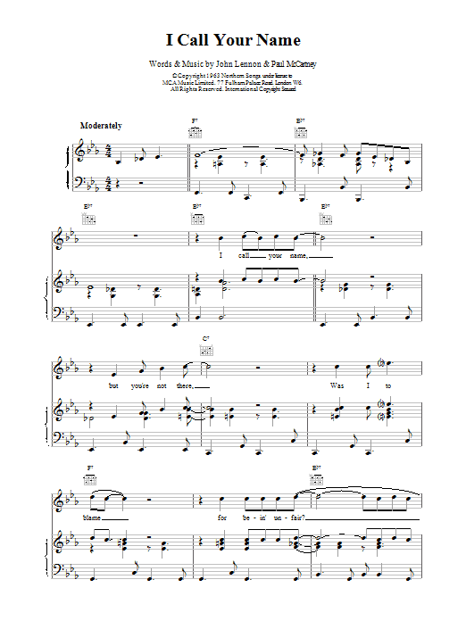 Download The Beatles I Call Your Name sheet music notes and chords for Piano, Vocal & Guitar (Right-Hand Melody) - Download Printable PDF and start playing in minutes.