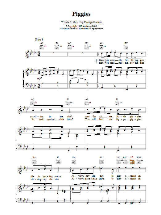 Download The Beatles Piggies sheet music notes and chords for Piano, Vocal & Guitar (Right-Hand Melody) - Download Printable PDF and start playing in minutes.
