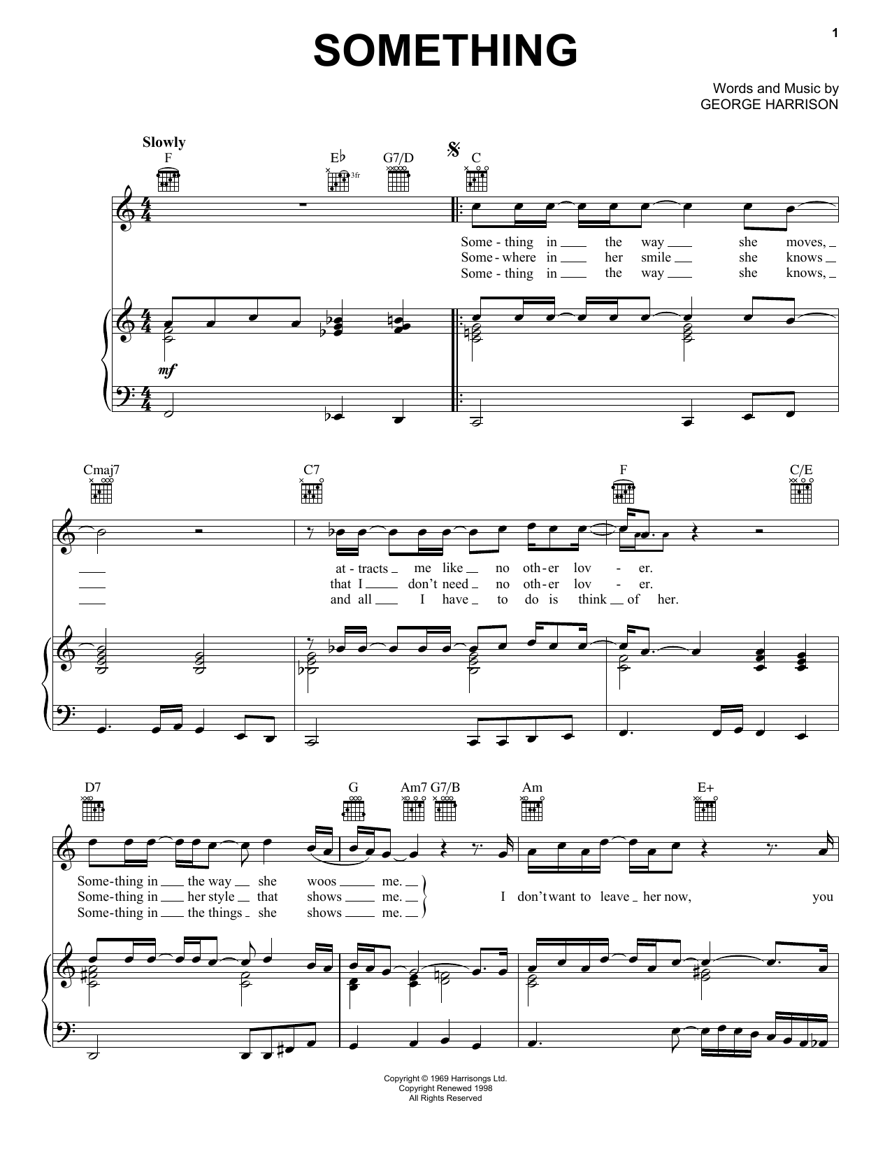 Download The Beatles Something sheet music notes and chords for Piano, Vocal & Guitar (Right-Hand Melody) - Download Printable PDF and start playing in minutes.