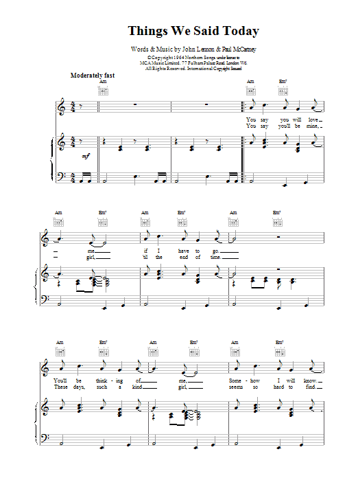 Download The Beatles Things We Said Today sheet music notes and chords for Melody Line, Lyrics & Chords - Download Printable PDF and start playing in minutes.