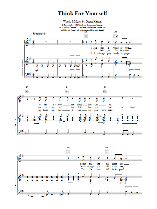Download The Beatles Think For Yourself sheet music notes and chords for Piano, Vocal & Guitar (Right-Hand Melody) - Download Printable PDF and start playing in minutes.