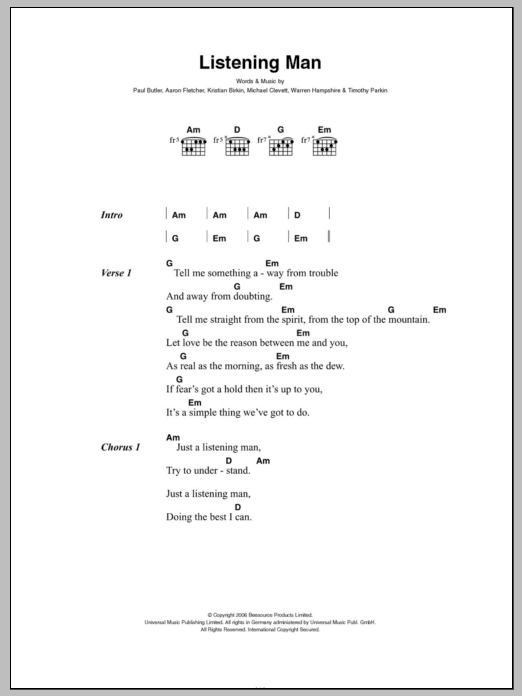 The Bees Listening Man sheet music, chords, lyrics - Printable PDF for Lyrics & Chords